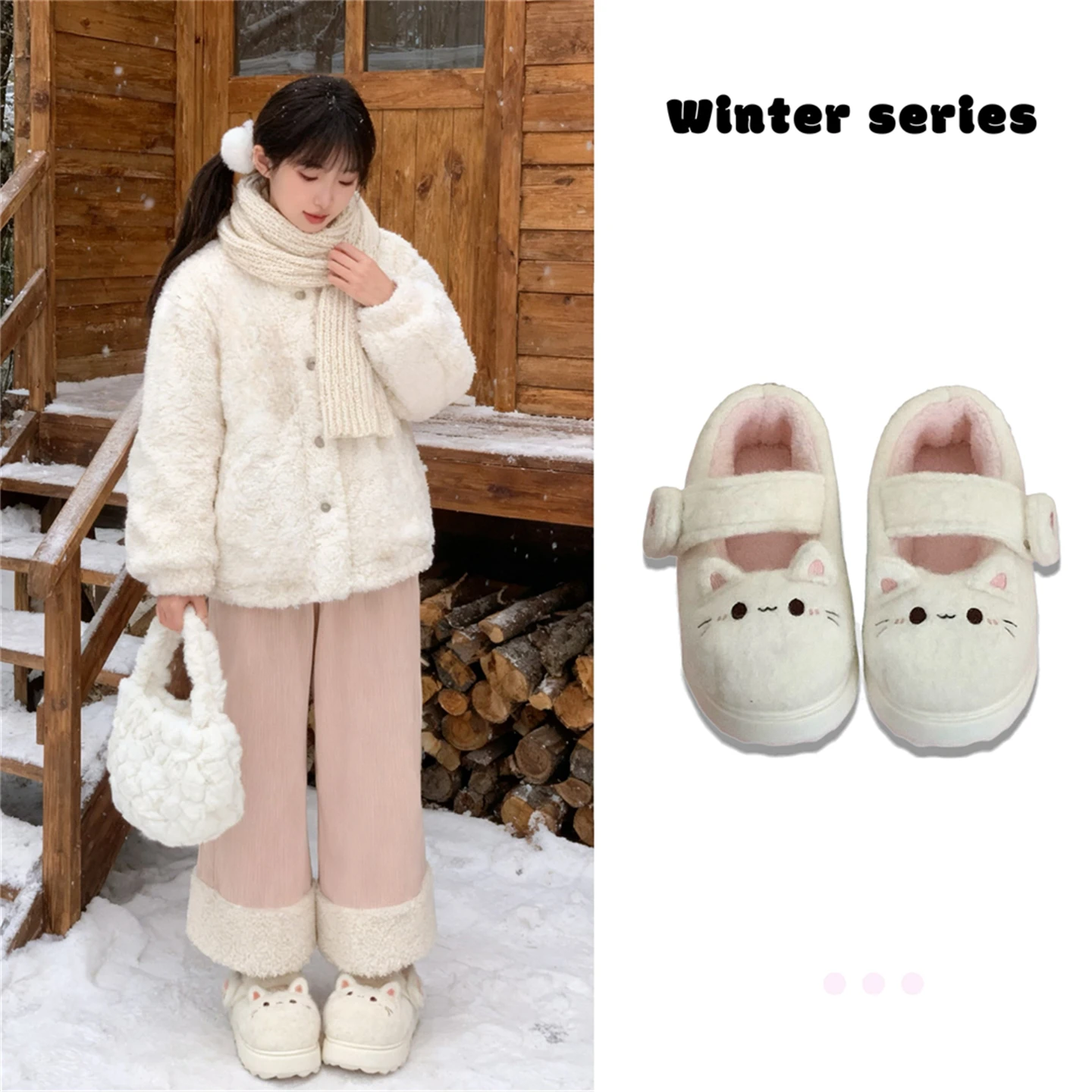 Cute Little  Claw Lolita Shoes Winter Anti-Slip Outdoor Magic Tape Mary Janes Cotton Shoes Women's Bean Shoes Soft Plush L...