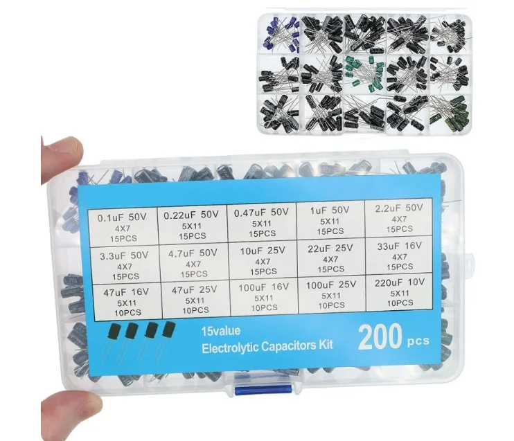 200PCS 15 Kinds Through-Hole Electrolytic Capacitor Kit, 0.1μF 50V~220μF 10V, Packed in Storage Box