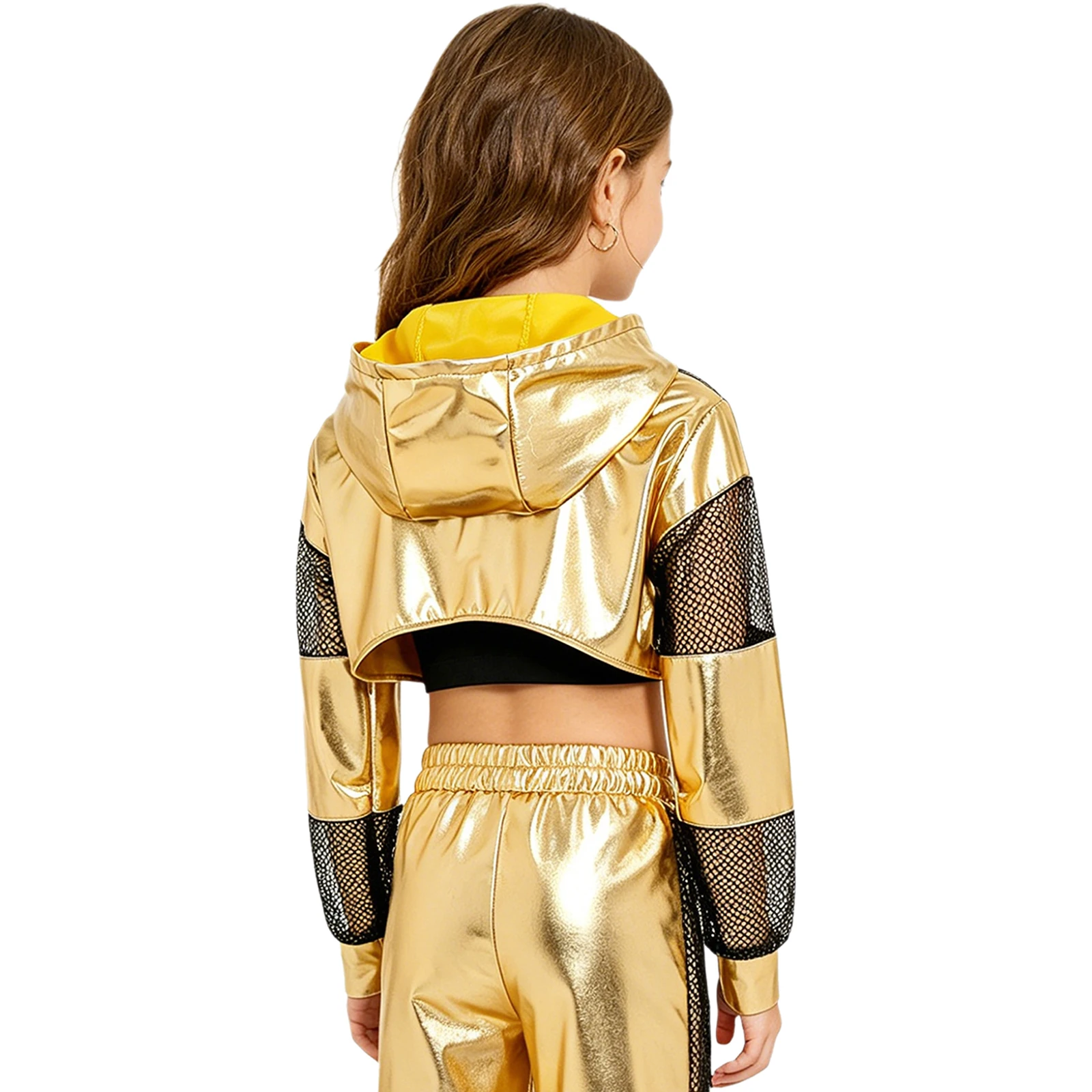 Kinder Mädchen Metallic Hoodie Hip-Hop Jazz Dance Performance Kostüm Mesh Patchwork Langarm Kapuzenpullover Crop Top Sweatshirt – Detail 10