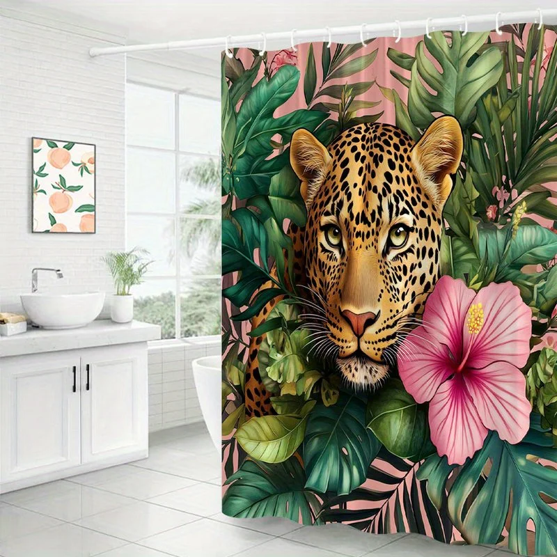 1pc Leopard in Tropical Foliage with Pink Hibiscus Flower Shower Curtain - Realistic Animal Artwork, Lush Greenery & Vivid Flora