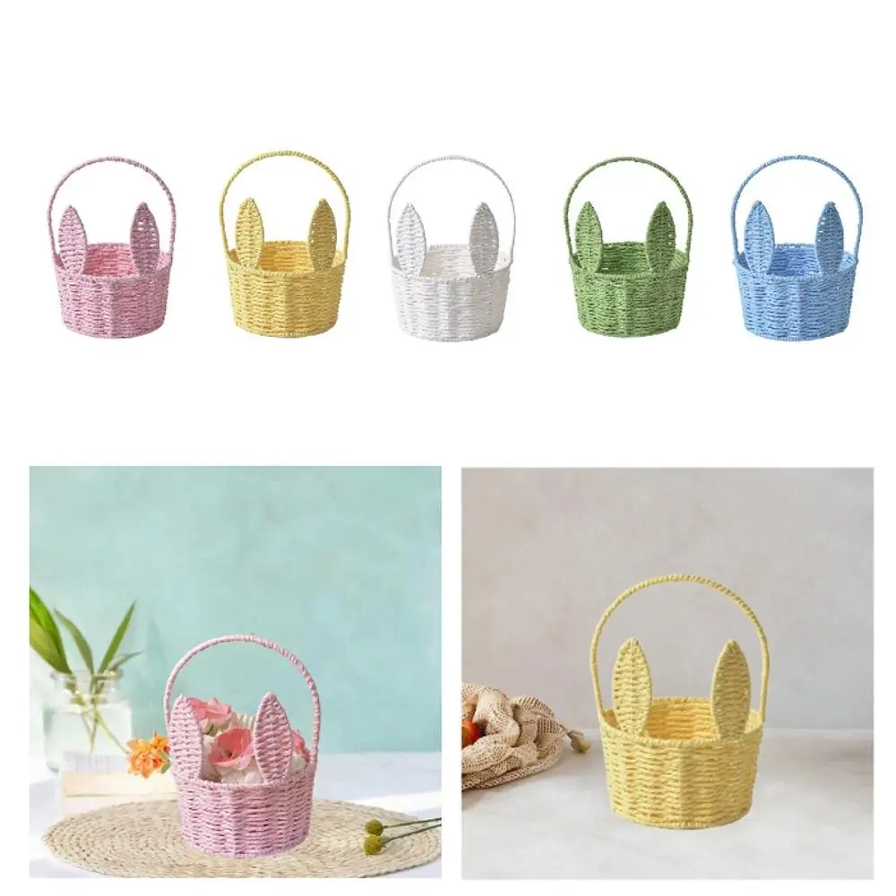 

Cartoon Rabbit Ear Storage Basket with Handle Handmade Egg Gathering Ornaments Multifunctional Woven Basket Easter Festival Gift
