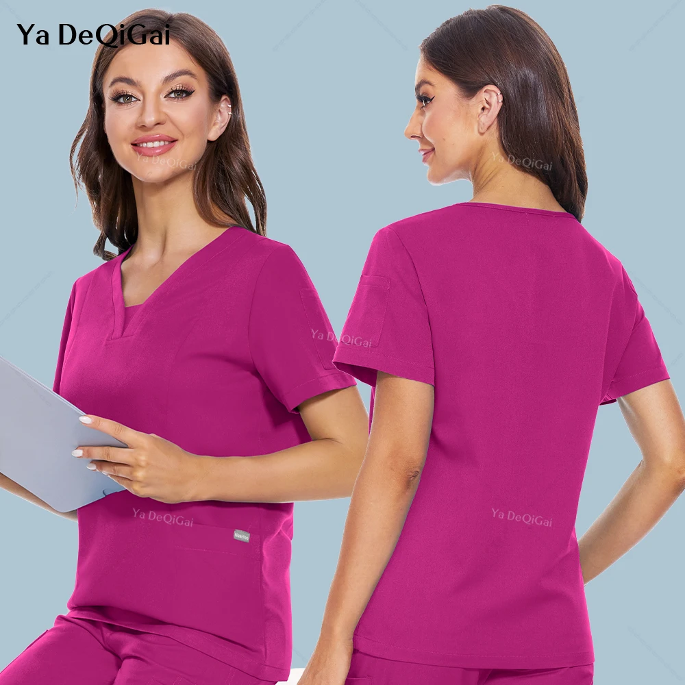 

8 Styles Medical Uniforms Nurse Scrubs Tops Women Short Sleeve V-neck Shirt Pet Grooming Carer Workwear Pockets Clinical Blouse