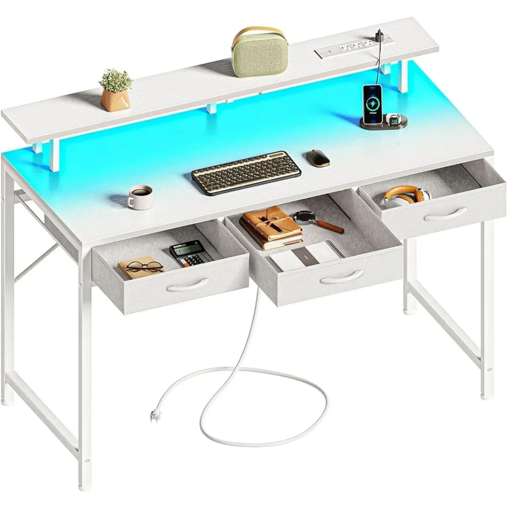 

inch Computer Desks with Drawers, Office Desk Gaming withs Lights Power Outlets