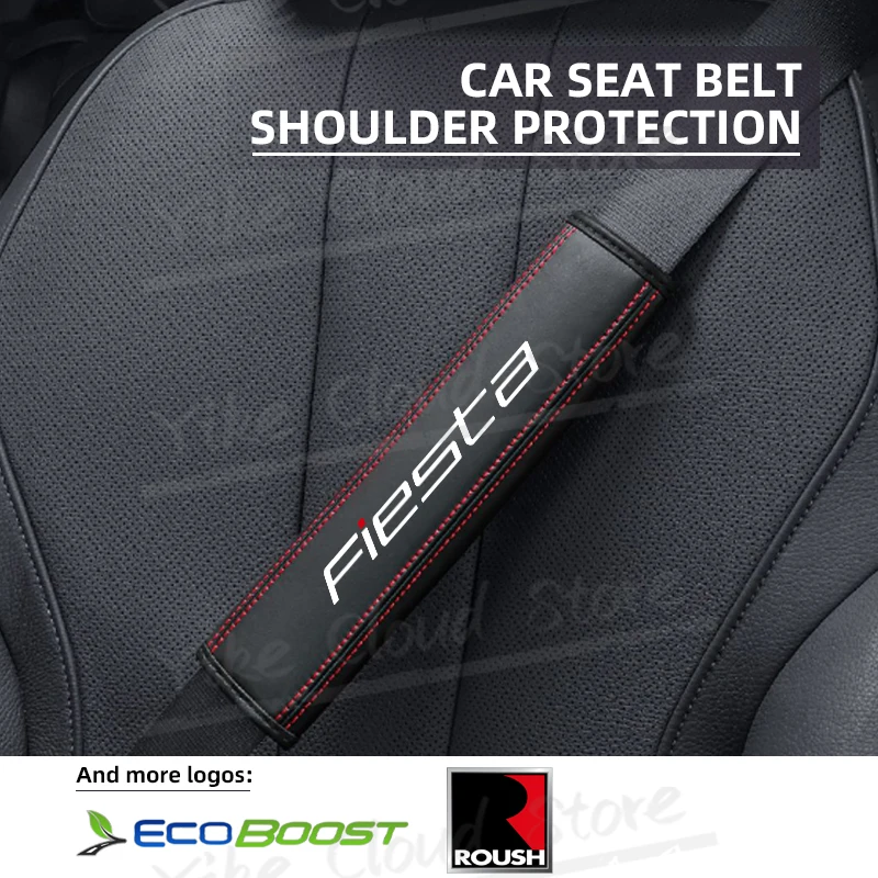 1pcs For Fiesta EcoBoost ROUSH LOGO Focus Mondeo Bronco Kuga Puma Car Safety Belt Shoulder Leather Cover Pads Accessories