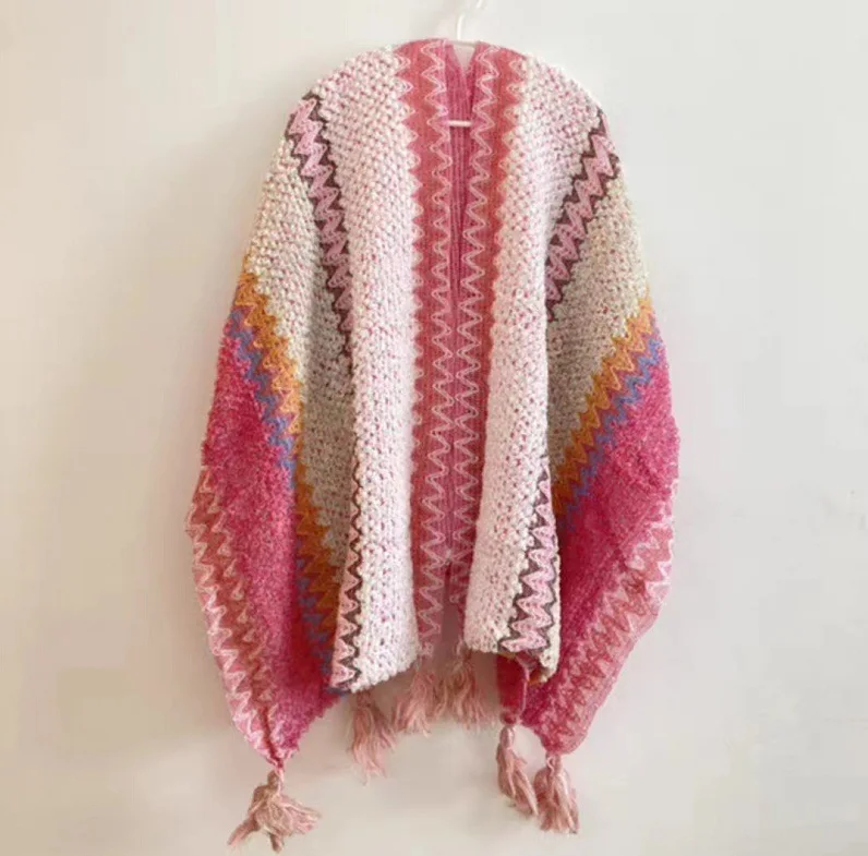 Poncho Knitted Cloak Knitted Cape Ethnic Style Capes Tassel Cardigan Sweater Color Loose Vintage Striped Women Travel Coat Pink