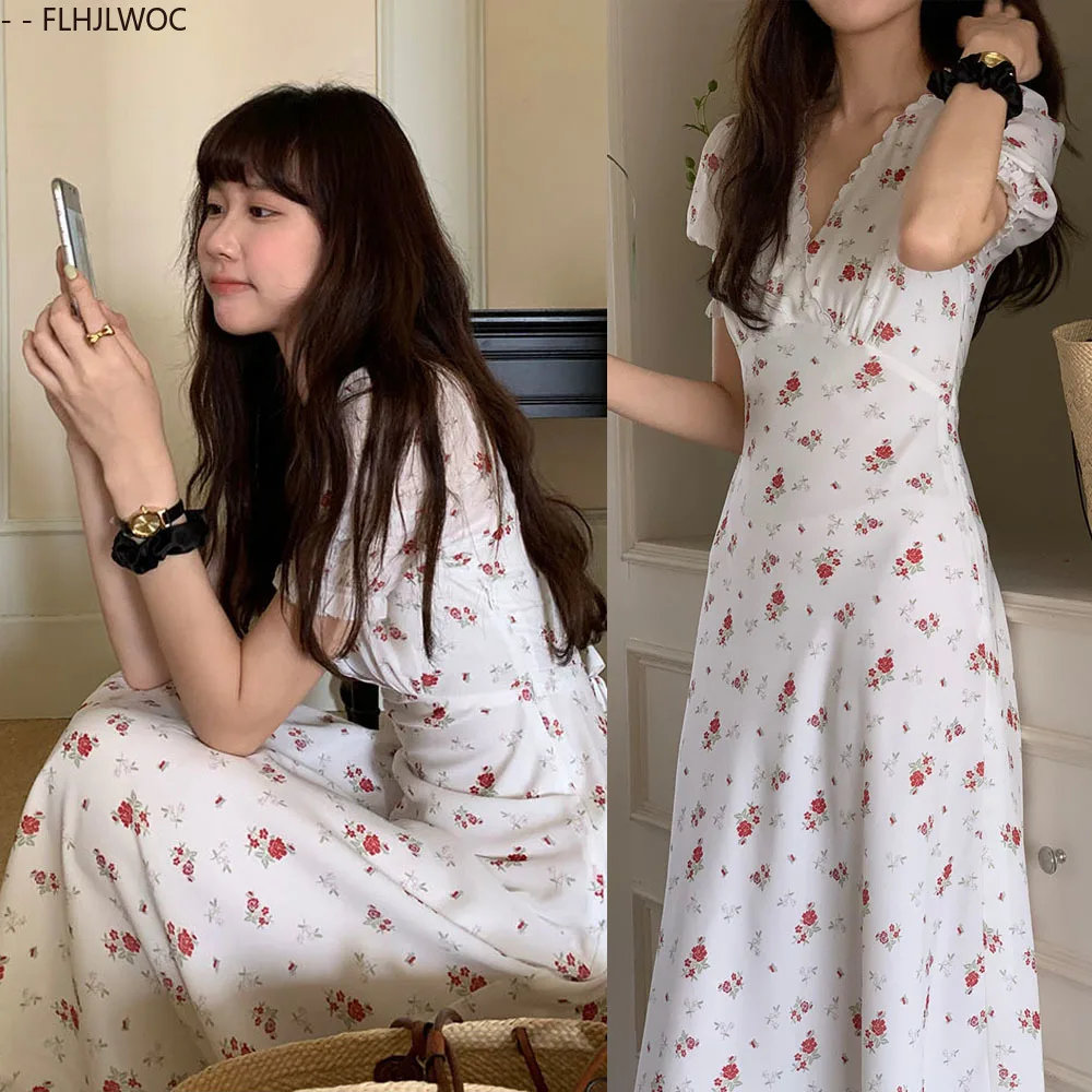Korea szykowna sukienka 2025 letnie wakacje data dziewczyny V Neck drapowane słodkie romantyczne kwiatowe drukowane damskie długie sukienki Vestidos