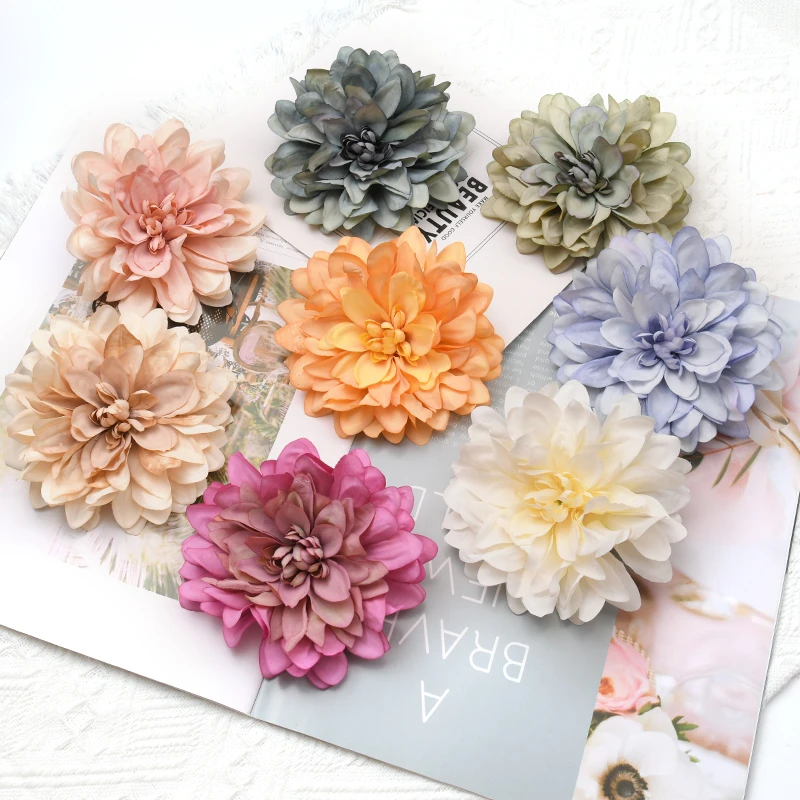 20PCS/11CM Dahlia Artificial Silk Flowers Heads For Wedding Decoration DIY Wreath Gift Box Scrapbooking Craft Fake Flower Head