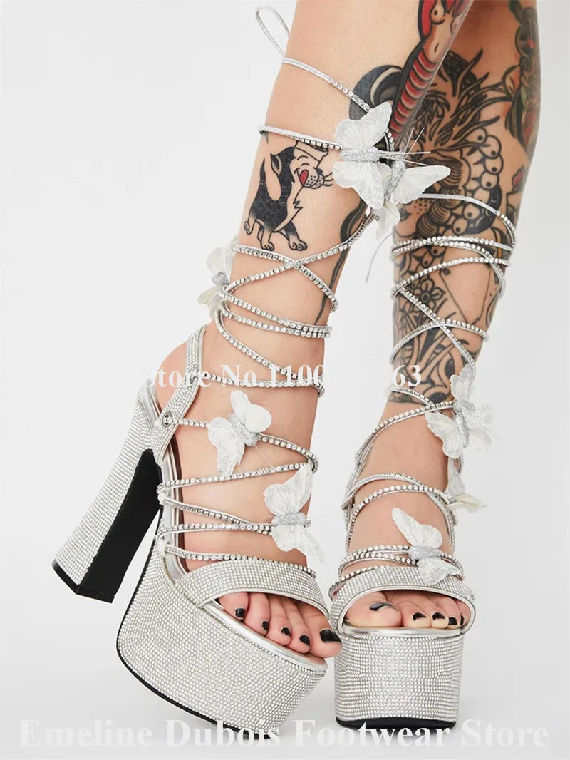 Bling Bling Rhinestones Butterfly Chunky Heel Sandals Emeline Dubois Silver Crystals Bowties Straps Cross High Platform Heels