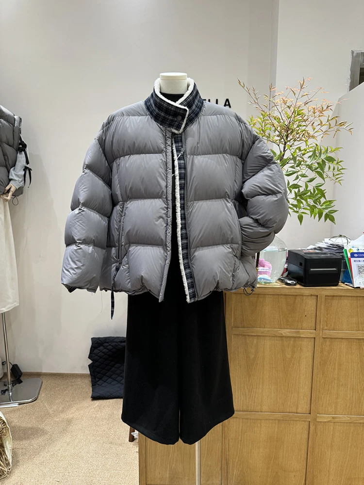 90 piumino da donna con colletto spesso in piumino d'anatra bianca in autunno e inverno, versatile giacca in colore a contrasto