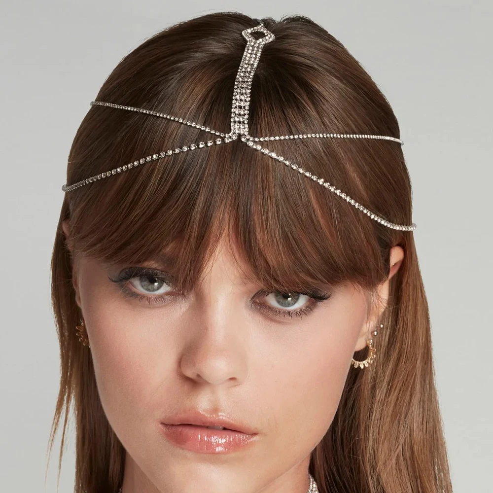 Simple Rhinestone Bridal Forehead Headband Women Hair Accessories Queen Jewelry Double Deck Crystal Head Chain Indian Wedding