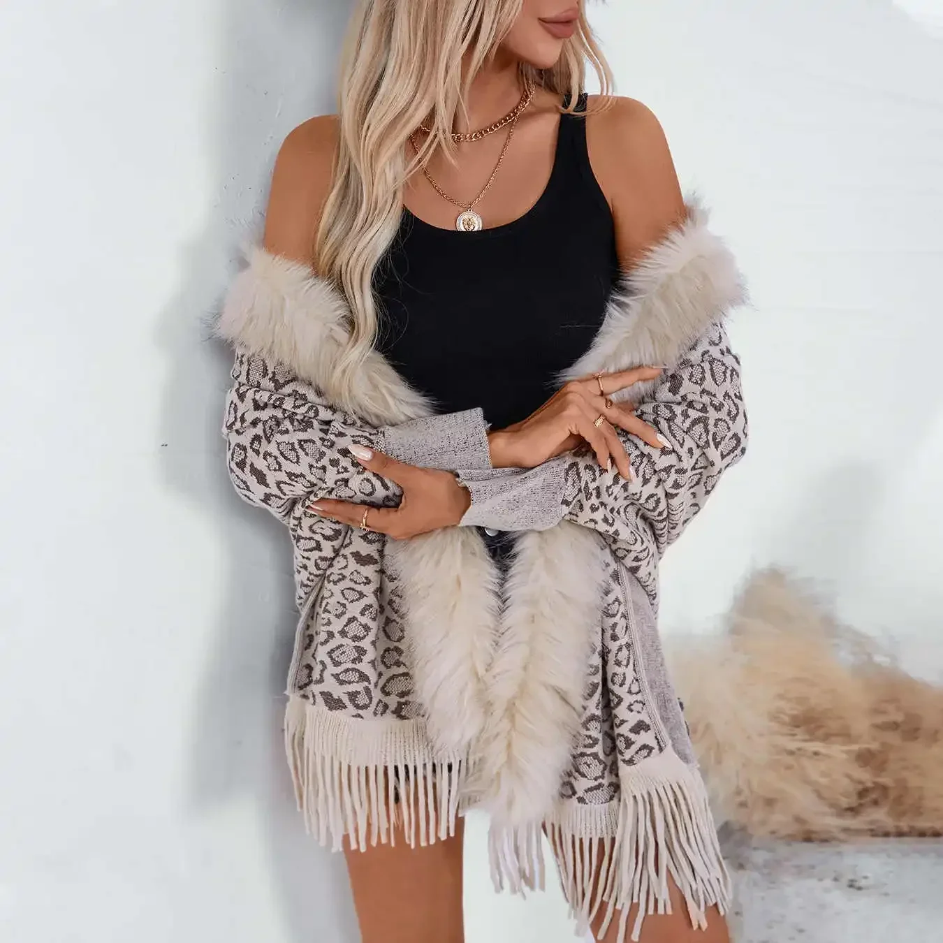 

Women's Leopard Print Faux Fox Fur Trim Shawl with Sleeves Stylish and Cozy Poncho Wrap Perfect for Winter Fashion