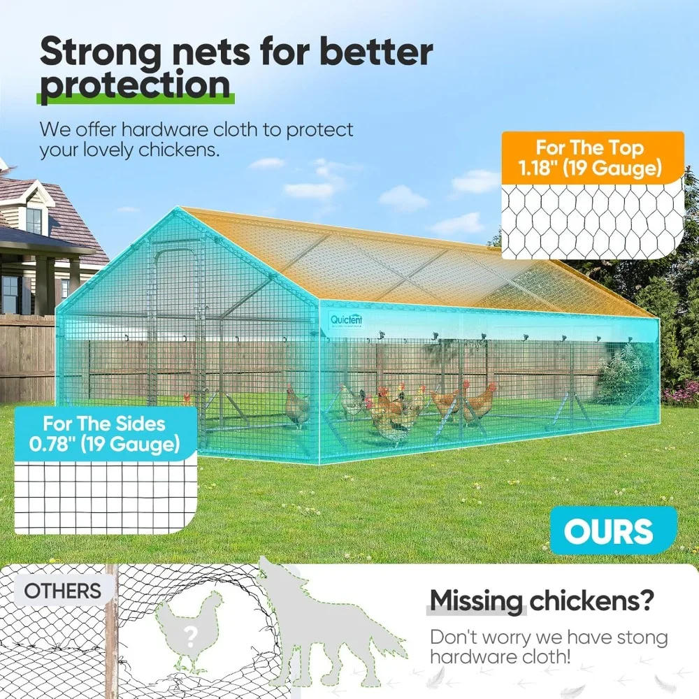 Large Metal Chicken Coop Run with Galvanized Hardware Cloth and Waterproof Roof Cover, Outdoor Walk-in Cage Peak Hen House