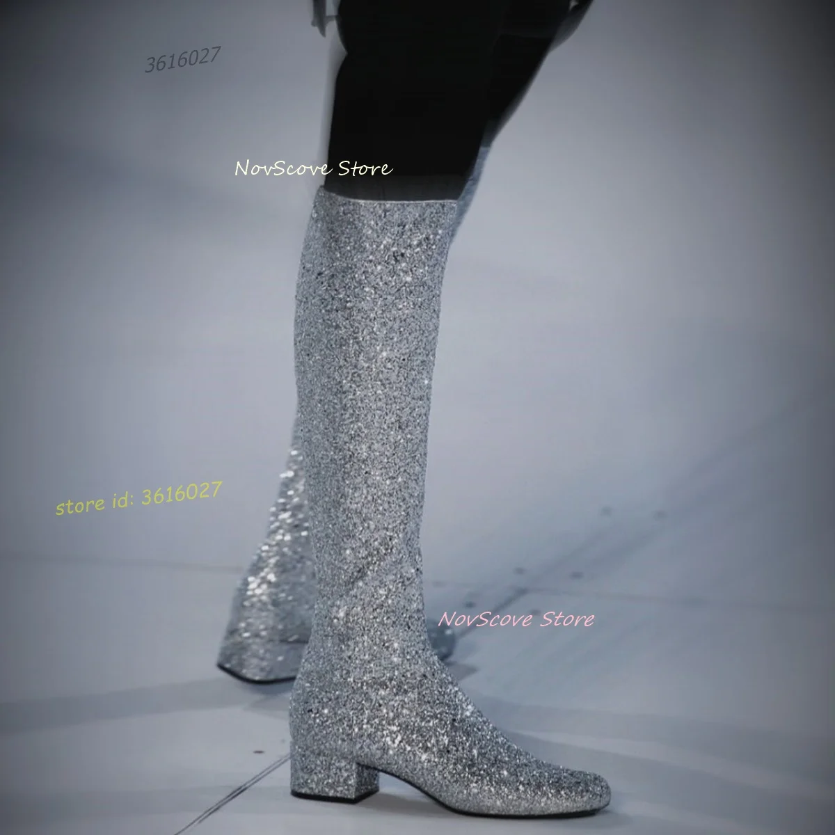 

Silver Glitter Knee High Boots Women Round Toe Block Heel Side Zip Shiny Sequins Leather Long Boots Rubber Sole Low Heels Shoes