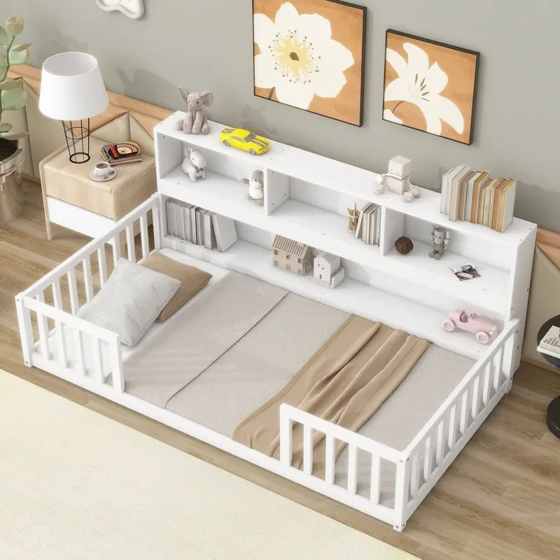 White Solid Wood Kids Storage Bed with Bookshelf Guardrail Safe Sleeping Furniture for Children Bedroom