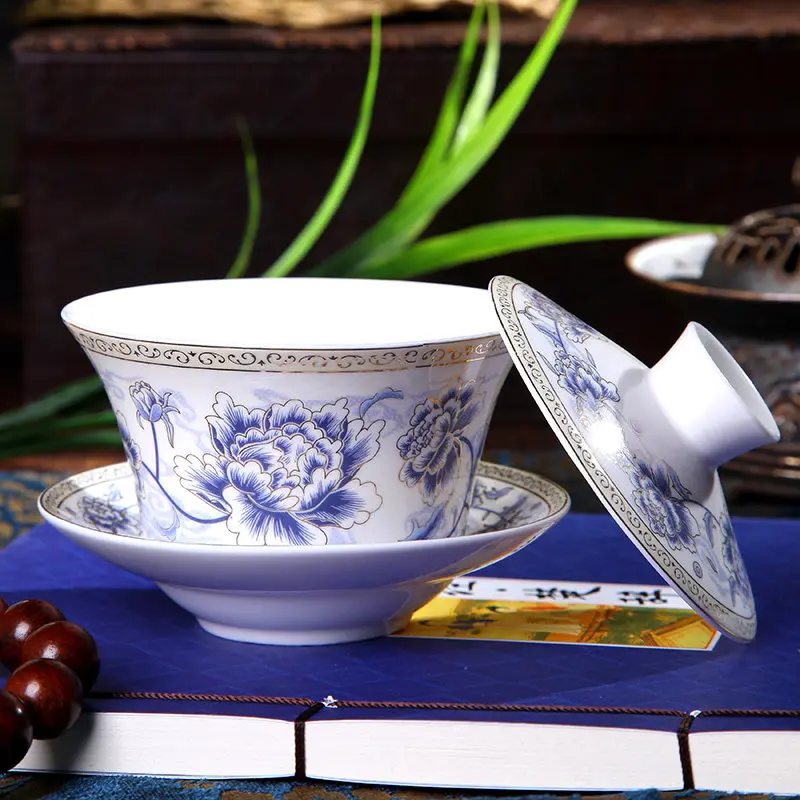Large Eight Treasures Tea Tureen Ceramic Gaiwan Cup Lid Bowl Brewing 350cc
