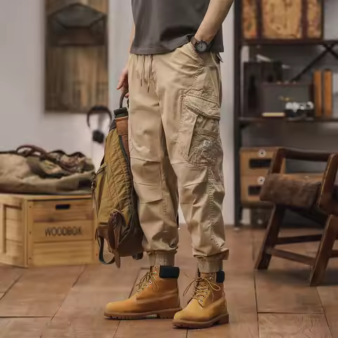 97.5% Cotton Man Cargo Pants Military Tactical Safari Black Khaki Brown Work Pants Joggers Loose Double Waist Trousers