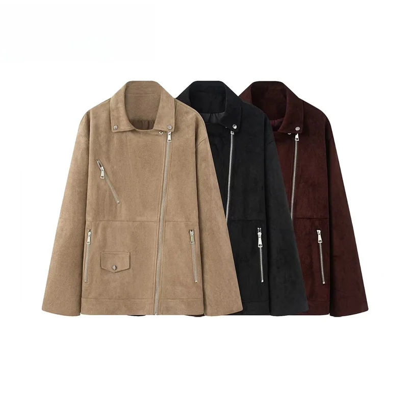 

Fashionable Velvet Texture Motorcycle Style Jacket Long Sleeve Collar Coat ZR Wind Women's Woolen Outerwear Polyester Fiber
