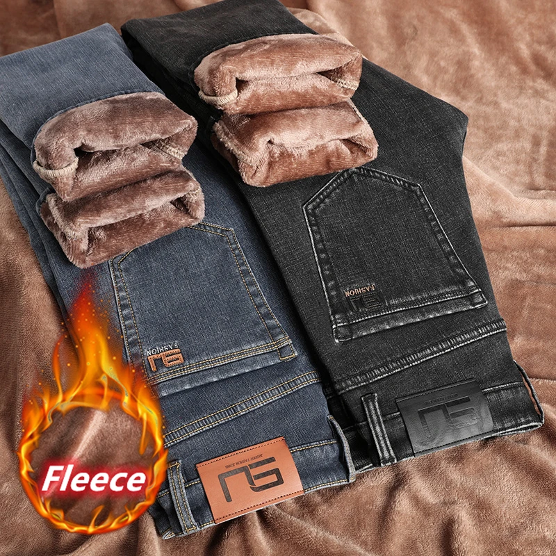 

Classic Vintage Original Men's Winter Jeans Fleece Thick Warm Cotton Stretch Quality Clothing Fit Straight Nostalgic Denim Pants