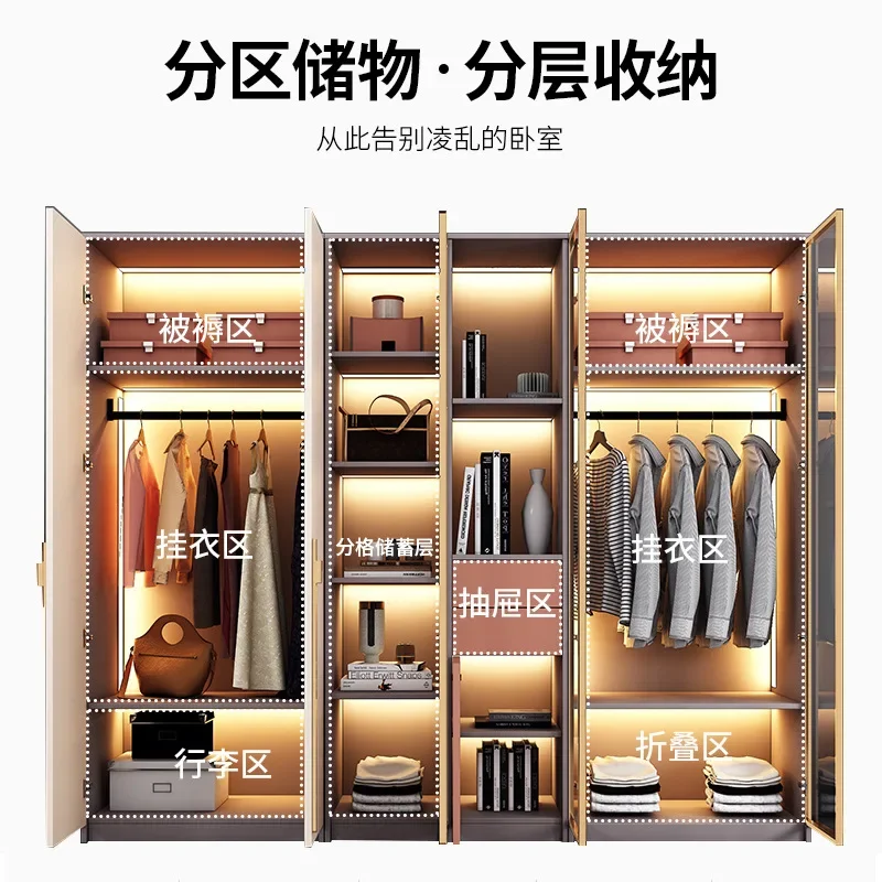 Customized light luxury swing door wardrobe storage home bedroom glass door assembly four six eight door wardrobe size apartment