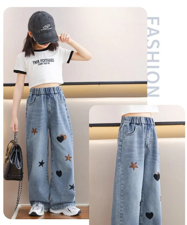 Frühling Herbst Neue Mädchen-Jeans mit Stickerei, Fünfzackiger Stern, Weite Hosen für 3-12 Jahre alte Teenager-Mädchen, Stylische Denim-Hosen mit weitem Bein – Detail 5