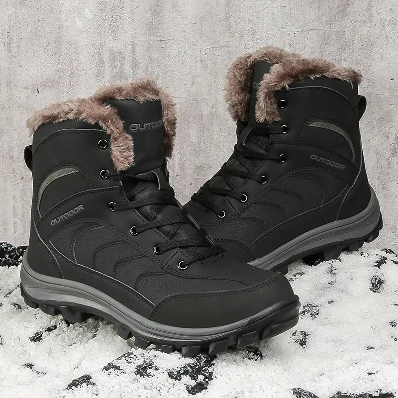 2023 New Leather Hiking Boots Mens Winter Outdoor Warm Fur Non Slip Fashion Ankle Boot Black Hunting Boots Rubber Large Size 48