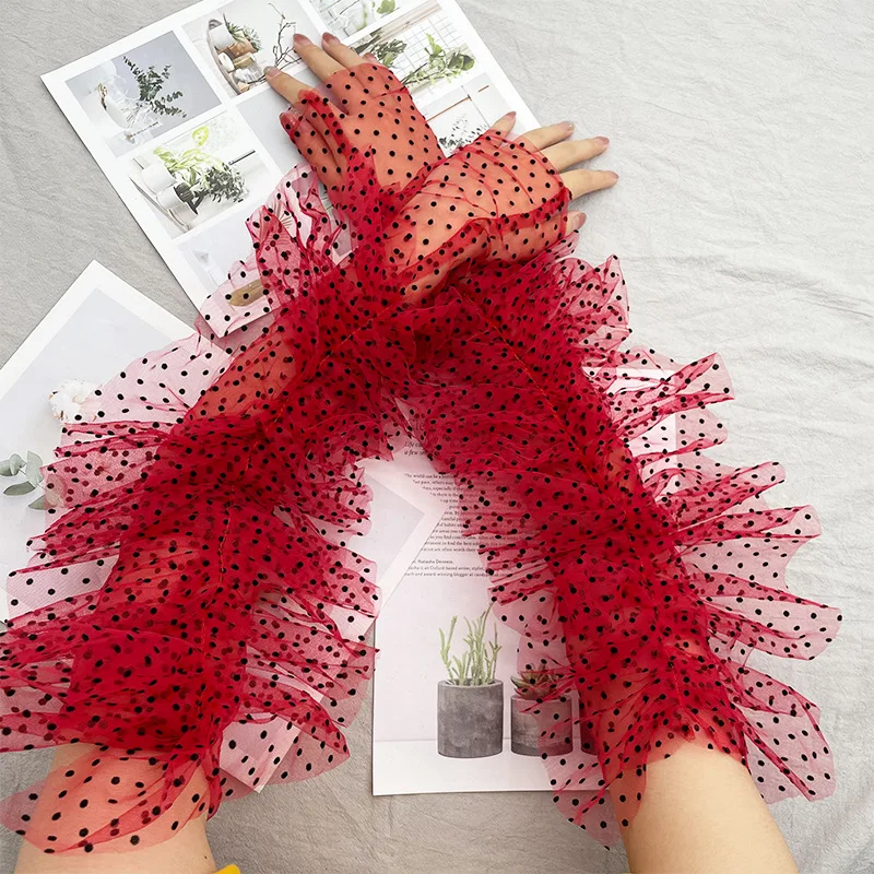 

50cm Women Polka Dot Sheer Tulle Long Fingerless Gloves Ruffled Mesh Elegant Cuffs Halloween Cosplay Sexy Stage Performance