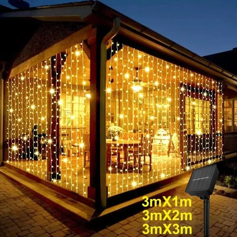 Halloween Christmas Solar Curtain String Lights 3x3M 300LED 8 Modes Outdoor Garland Holiday Party Home Decor