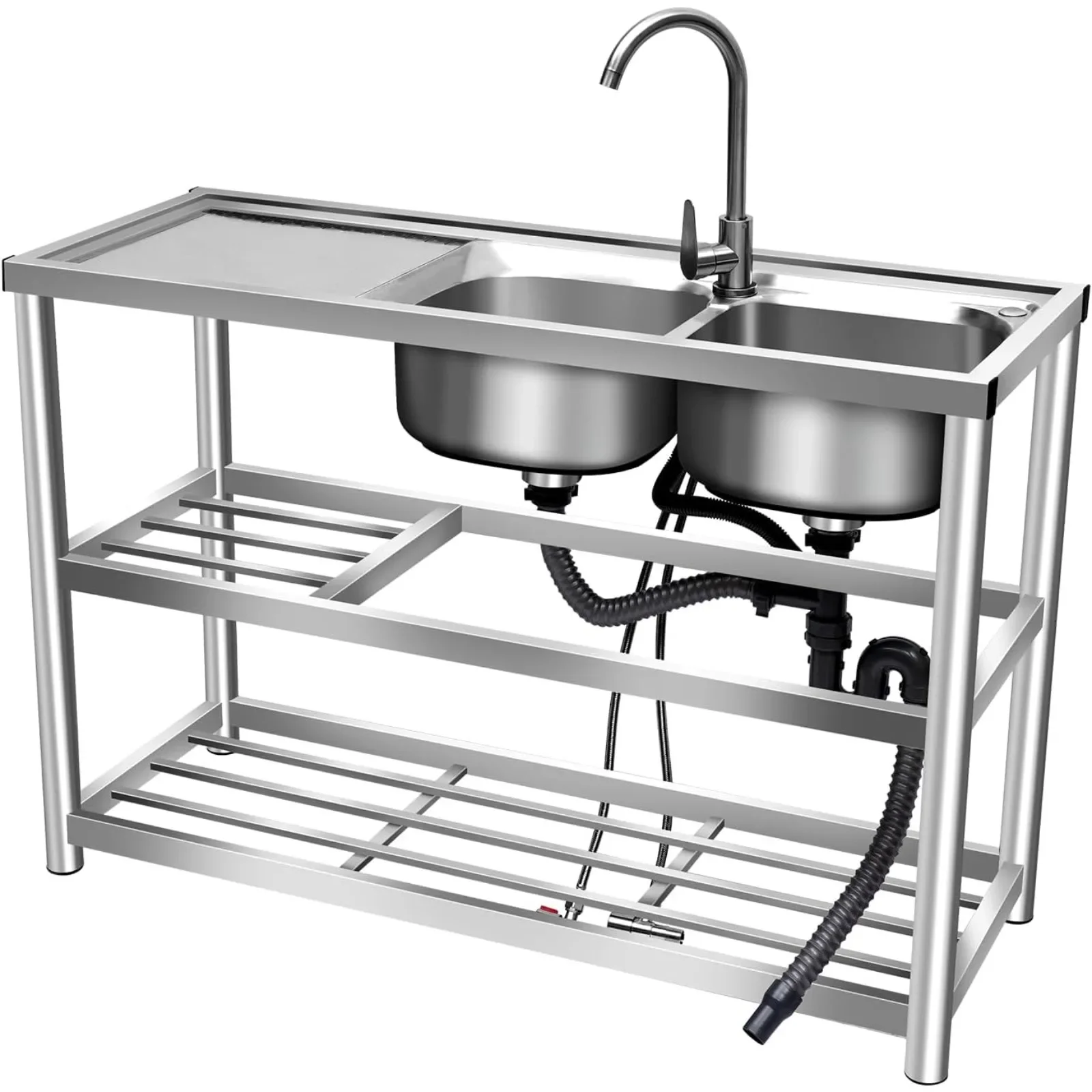 

2 Compartment Stainless Steel Commercial Kitchen Utility Sink +Prep Counter Utility Sink Freestanding Stainless Steel Double Bow
