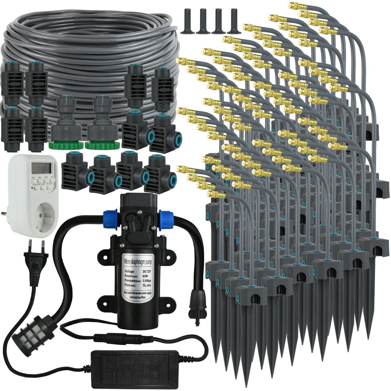 5–30 m Garten-Tropfbewässerungsset, 60 W, selbstansaugende Pumpe 360 °   Messing Nebeldüse Sockel Timer Automatisches Bewässerungssystem Gewächshaus