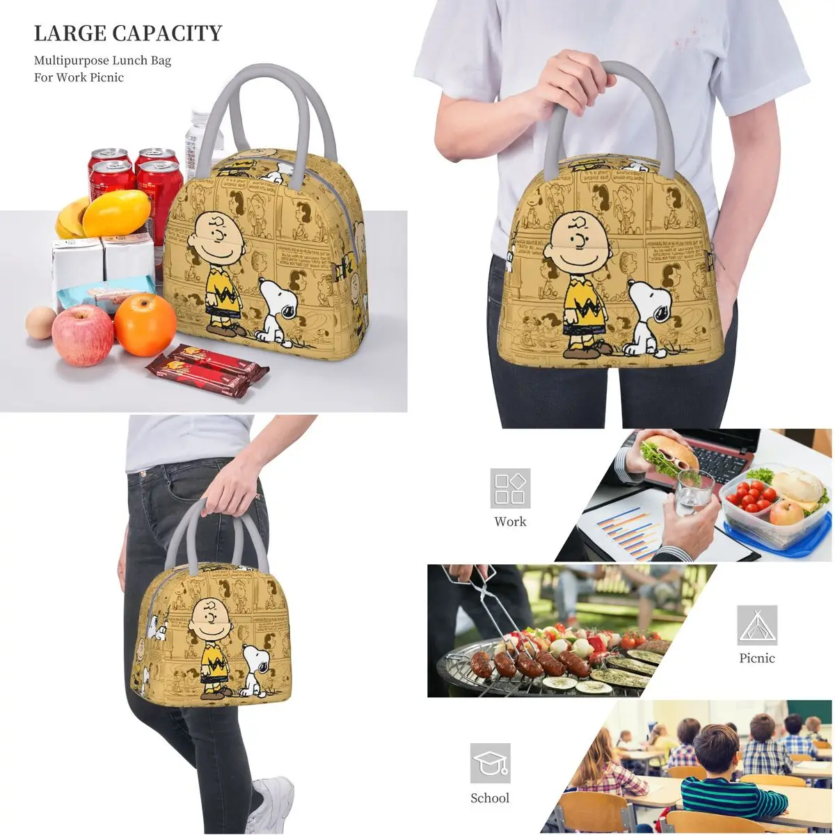 Snoopy Love Cartoons Accessories Insulated Lunch Tote Bag For Office Food Storage Bag Large Capacity Cooler Thermal Lunch Boxes