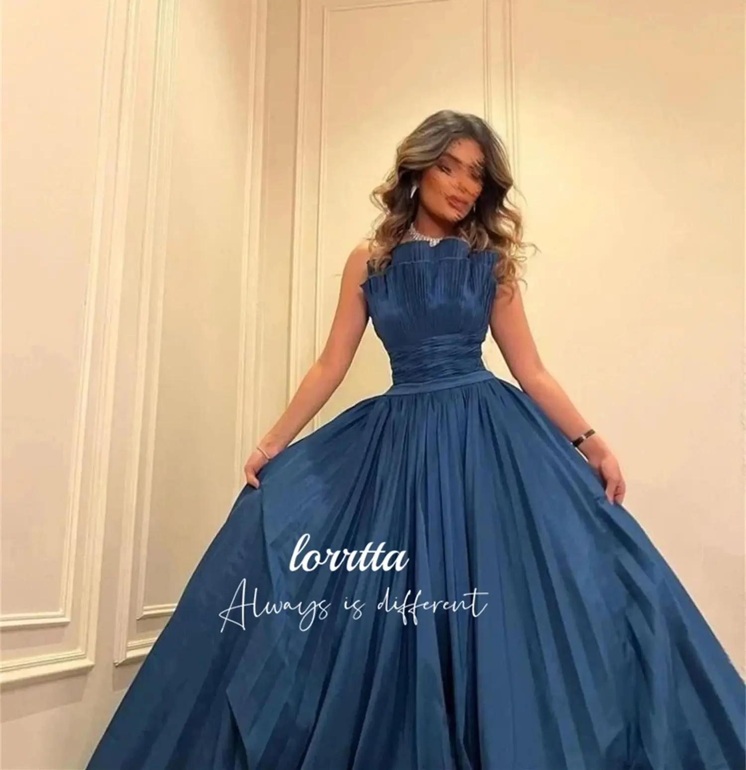 Folds Evening Dress Dark Blue Line A Party Strapless Robe De Soiree Femmes Prom Dresses Customized Elegant Woman Wedding Saudi