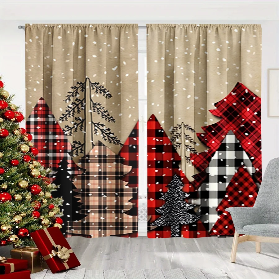 2PCS Christmas Winter Curtains, Plaid Christmas Tree Beige Red Black Snow, Digital Print, Bedroom Living Room, Home Decor