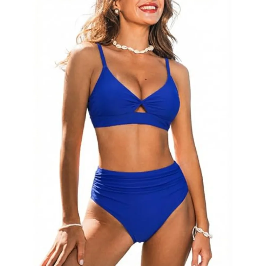 CUPSHE Women's Bikini Set High Waisted Two Pcs Swimsuit Twist Front Cutout Bathing Suit Full Coverage Ruched
