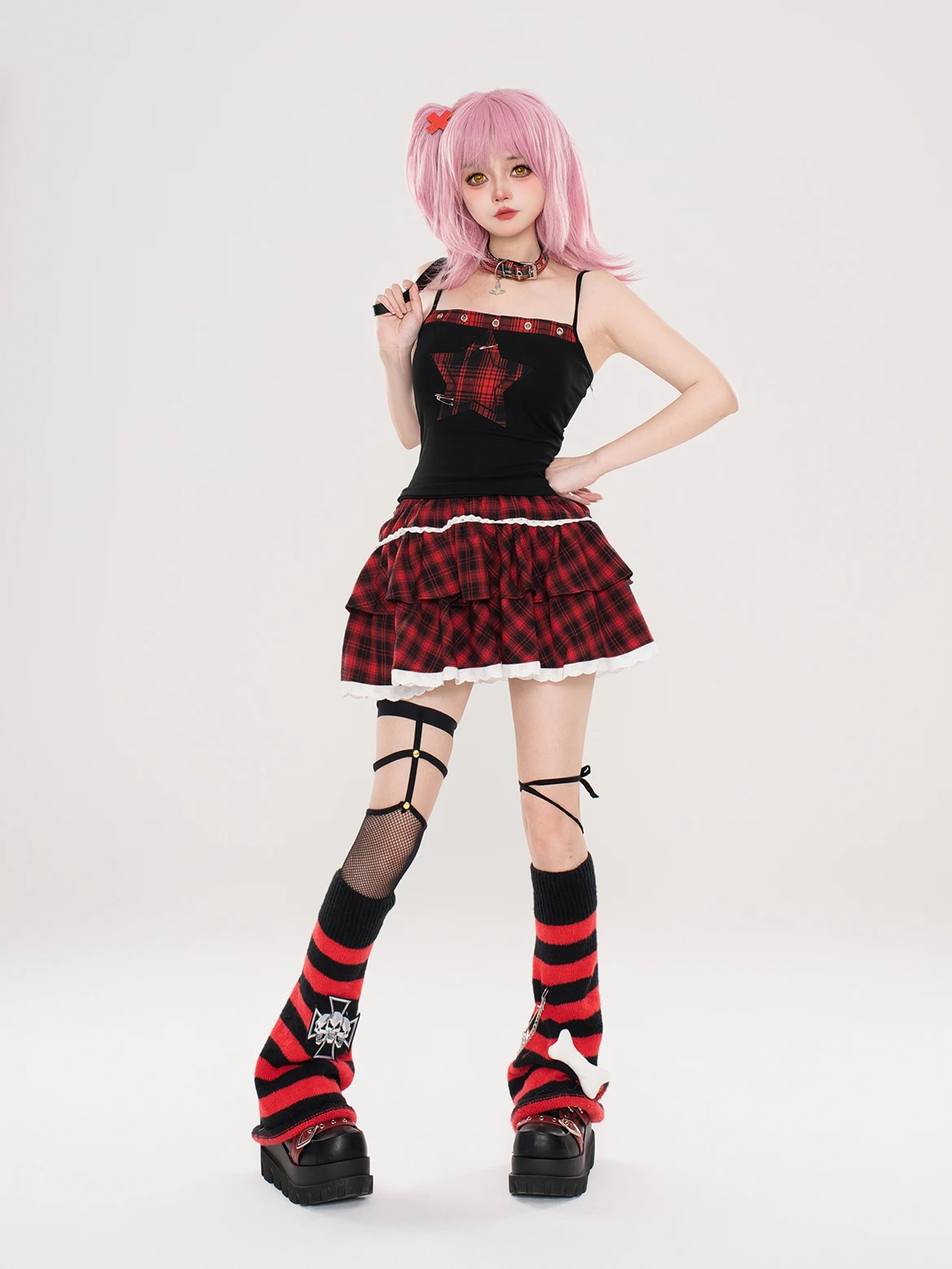 Japanse subcultuur high street punk stijl zoet cool meisje Y2K rokken elastische hoge taille kant splitsen rode geruite taart rok vrouw