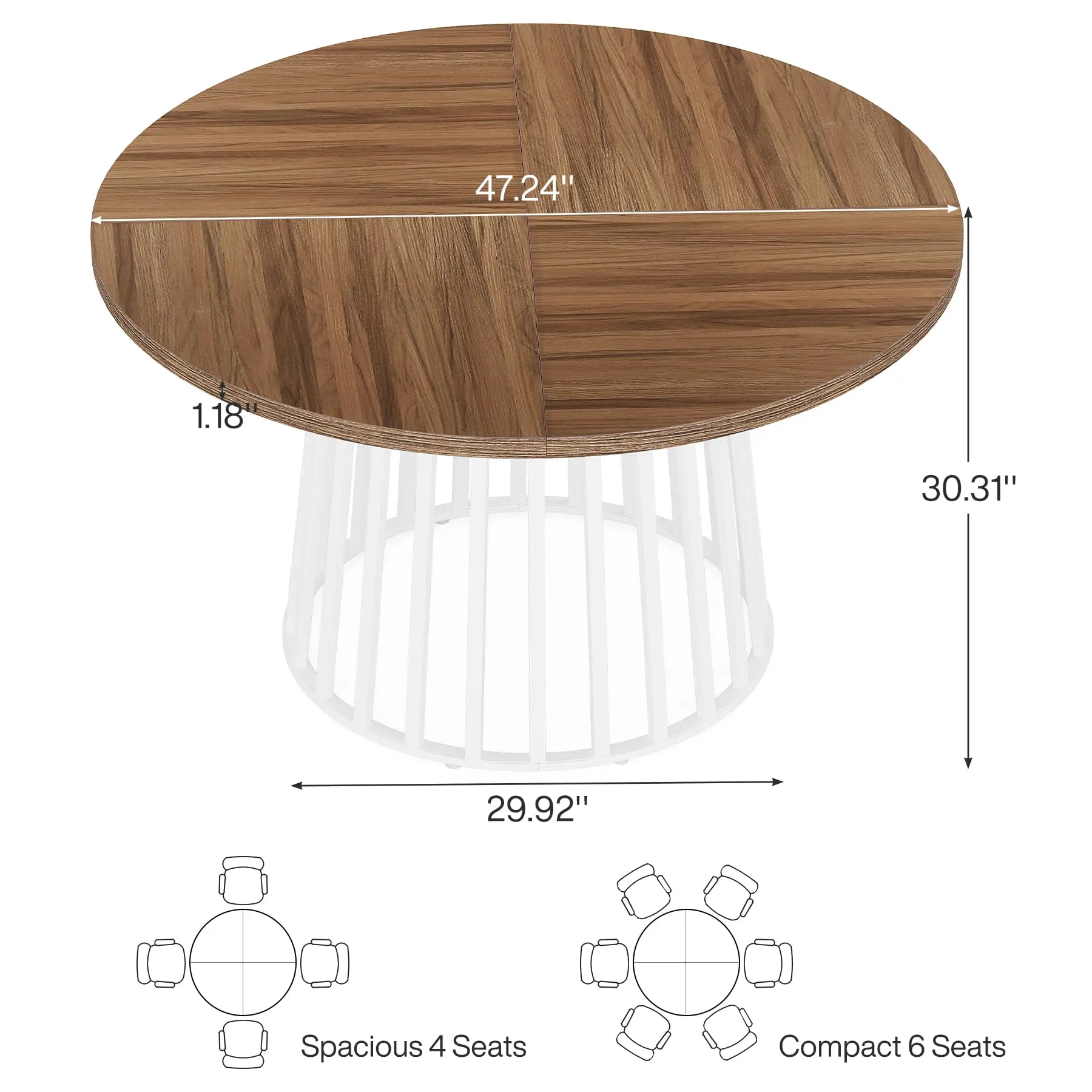 Tribesigns Tavolo da pranzo rotondo da 47" per 4-6 persone, Tavolo da pranzo in fattoria Tavolo da cucina circolare con base in metallo bianco, Indus