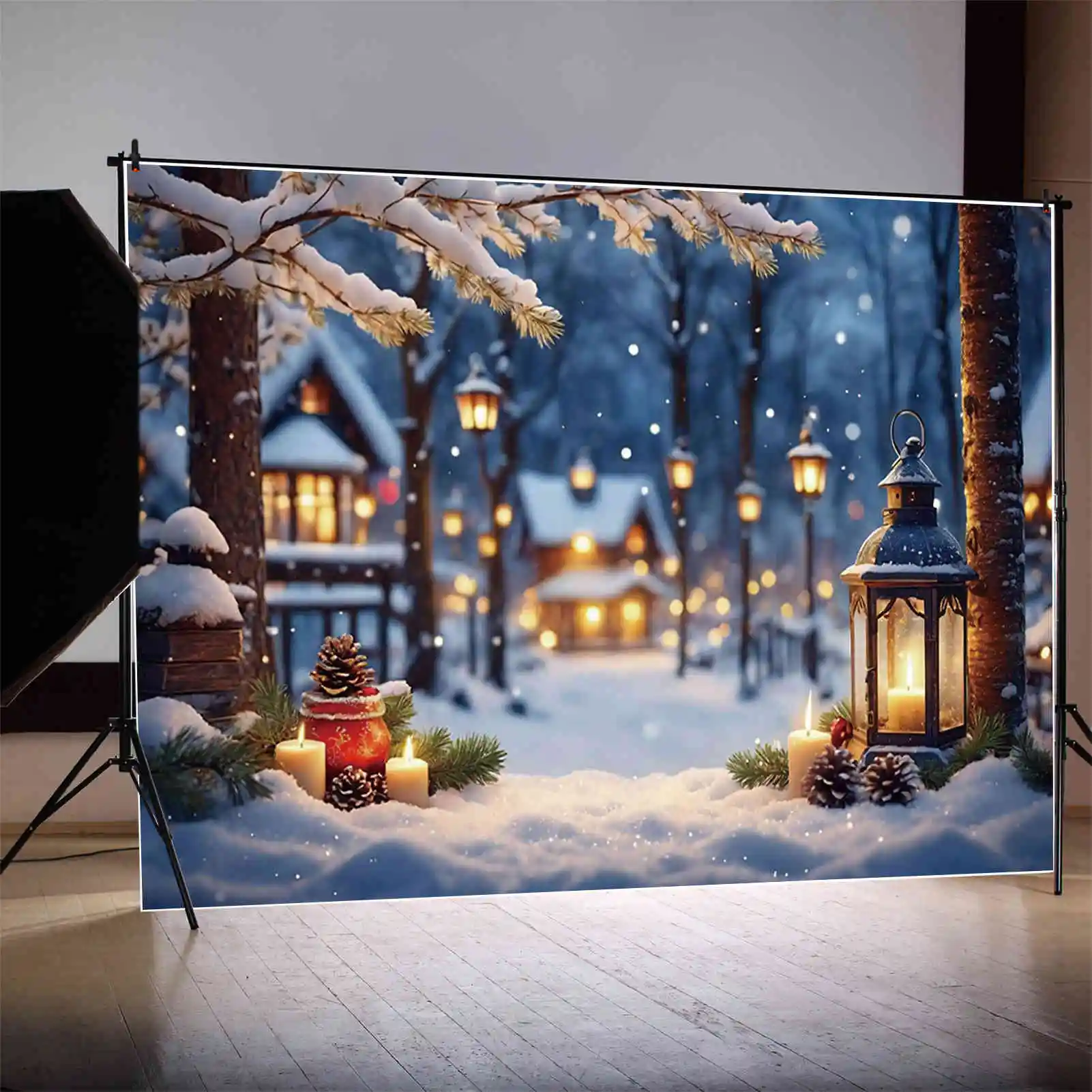 MOON.QG Kerstdorp Achtergrond voor Fotografie Pijnbomen Lichten Photocall Achtergrond Kind Winter Fotostudio Accessoires