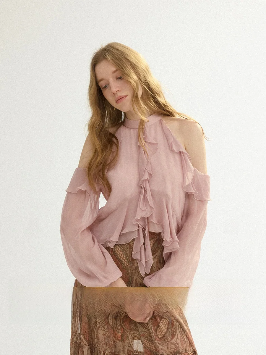 

Ele Pink Silk Wind Vintage Blouse Ruffle Hem Chiffon Women's Summer Top Long Sve Slim Fit Lace irt Faionable
