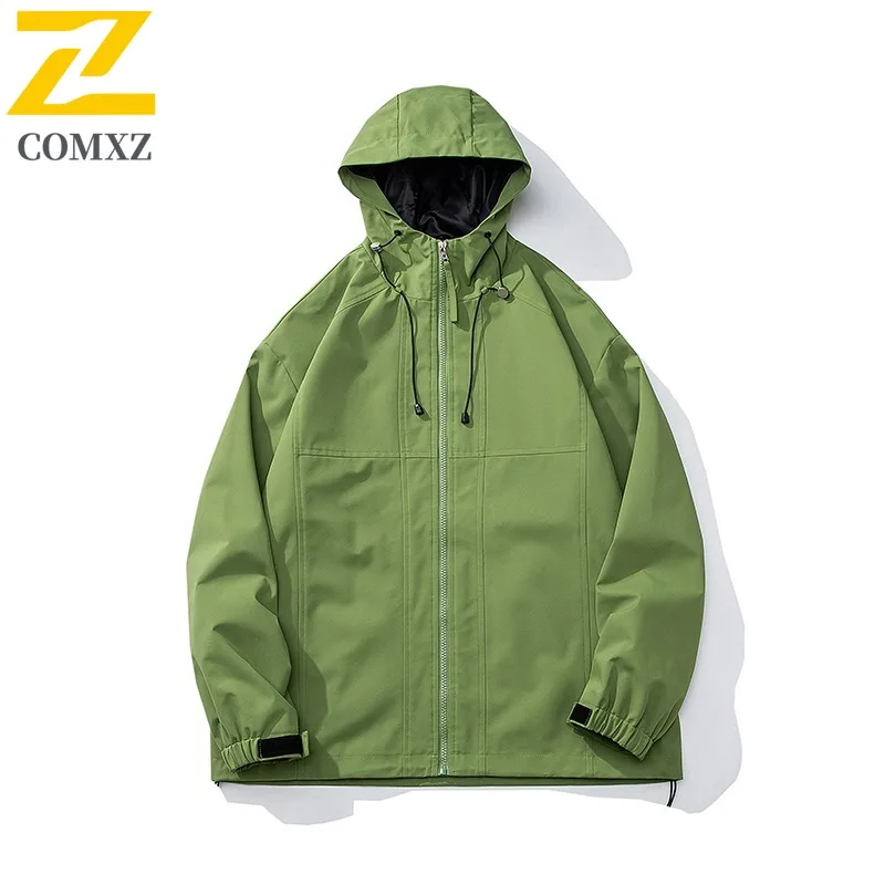 

COMXZ 2025 Mens Womens Solid Color Hooded Windbreaker Spring Streetwear Loose Fit Versatile Unisex Green Jacket