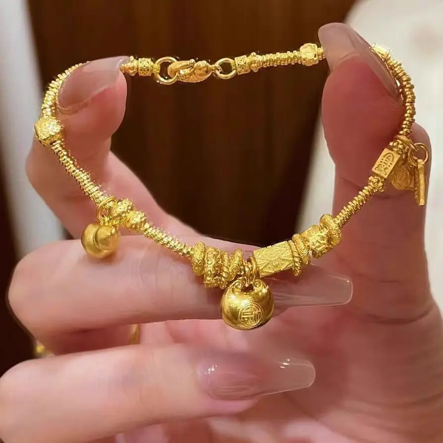 Little Pangfu Gourd Dishes Bracelet 9999 24K Real Gold Women's Light Luxury Retro Versatile Dishes Bracelet Handle Decoration