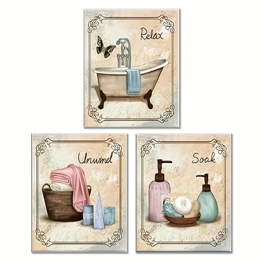 （NoFranme 3PCS）-2D Flat, 2D Flat, 3pcs Frameless Retro Style Relaxation Spa with Bathtub Offer Art Print, Suitable for Classr