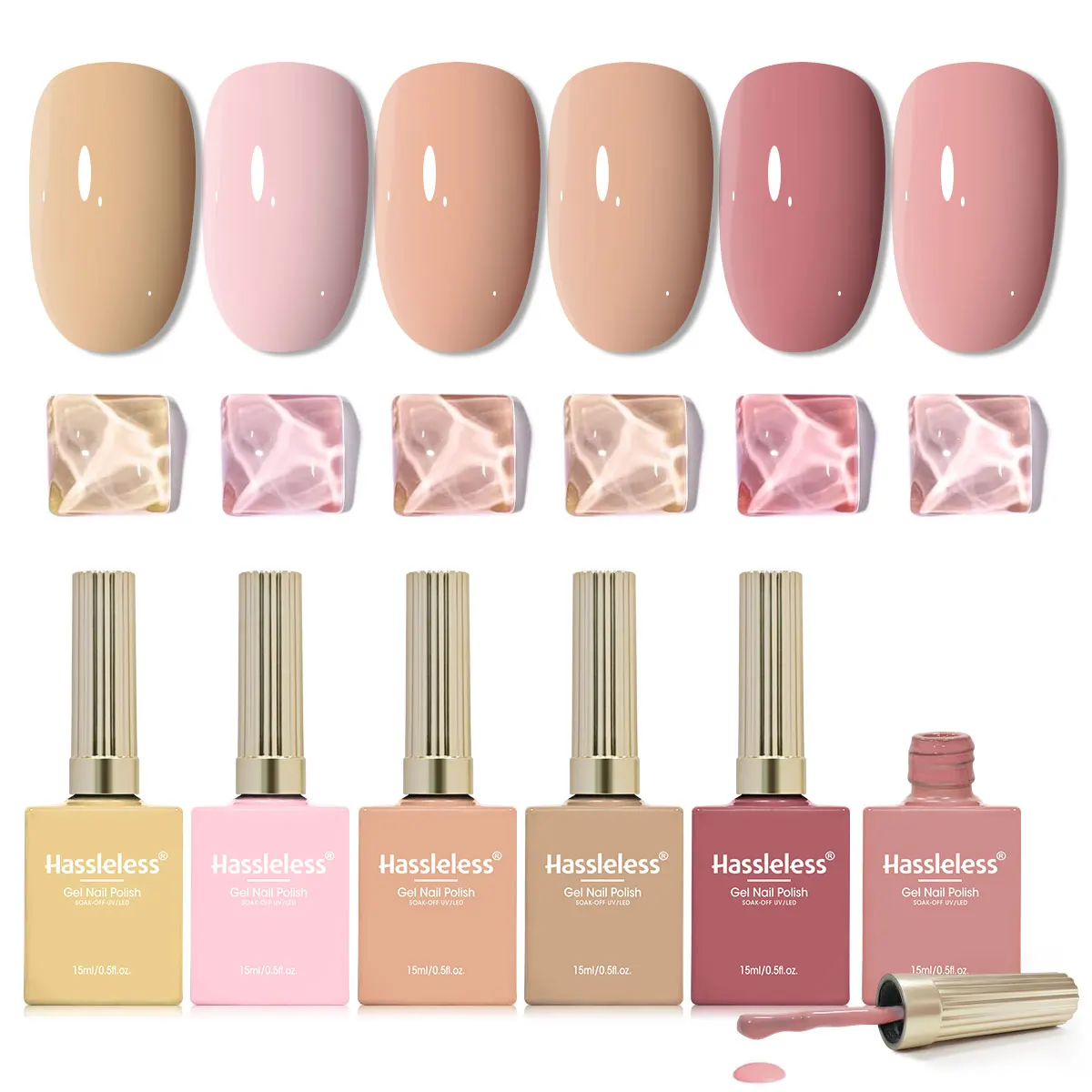 

Набор гель-лаков для ногтей Hassleless, 6 штук, нюдово-розовый цвет, светло-розовые оттенки нюдового цвета, гель-лаки, которые можно снимать, набор для маникюра, для салонов красоты, отверждение УФ/LED-лампой, стеклянные флаконы с золотыми крышками, идеал