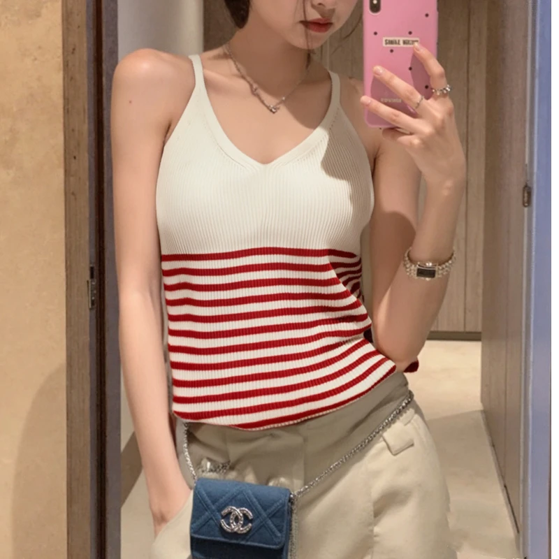 Striped Sweater Vest V-Neck Crop Tank Top Sleeveless Knit Camisole Cami Top Women Spring Summer 2026 Casual Chic