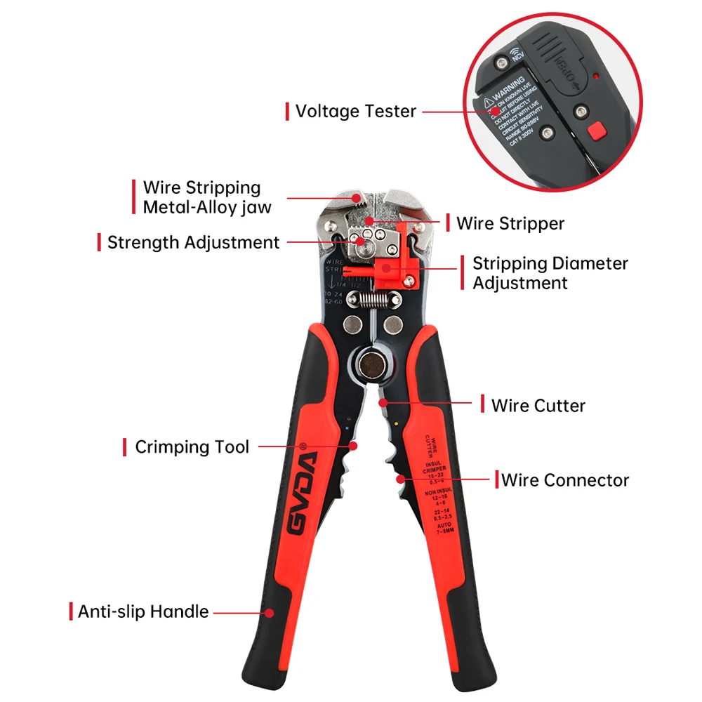 GVDA Multifunction Wire Stripper with Non Contact Voltage Test Decrustation Pliers Automatic Cable Cut Crimp Terminals Tools