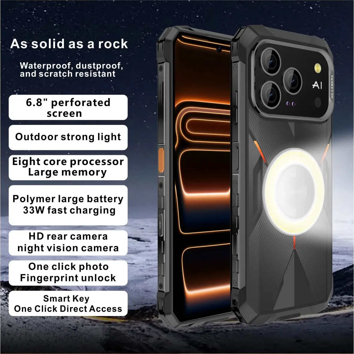 6.79 Inch IPS Punch-hole Screen Phone, 6GB+128GB, Android 14, IP68 Waterproof, 7600mAh 33W Fast Charge Dual Nano SIM , NFC Infra