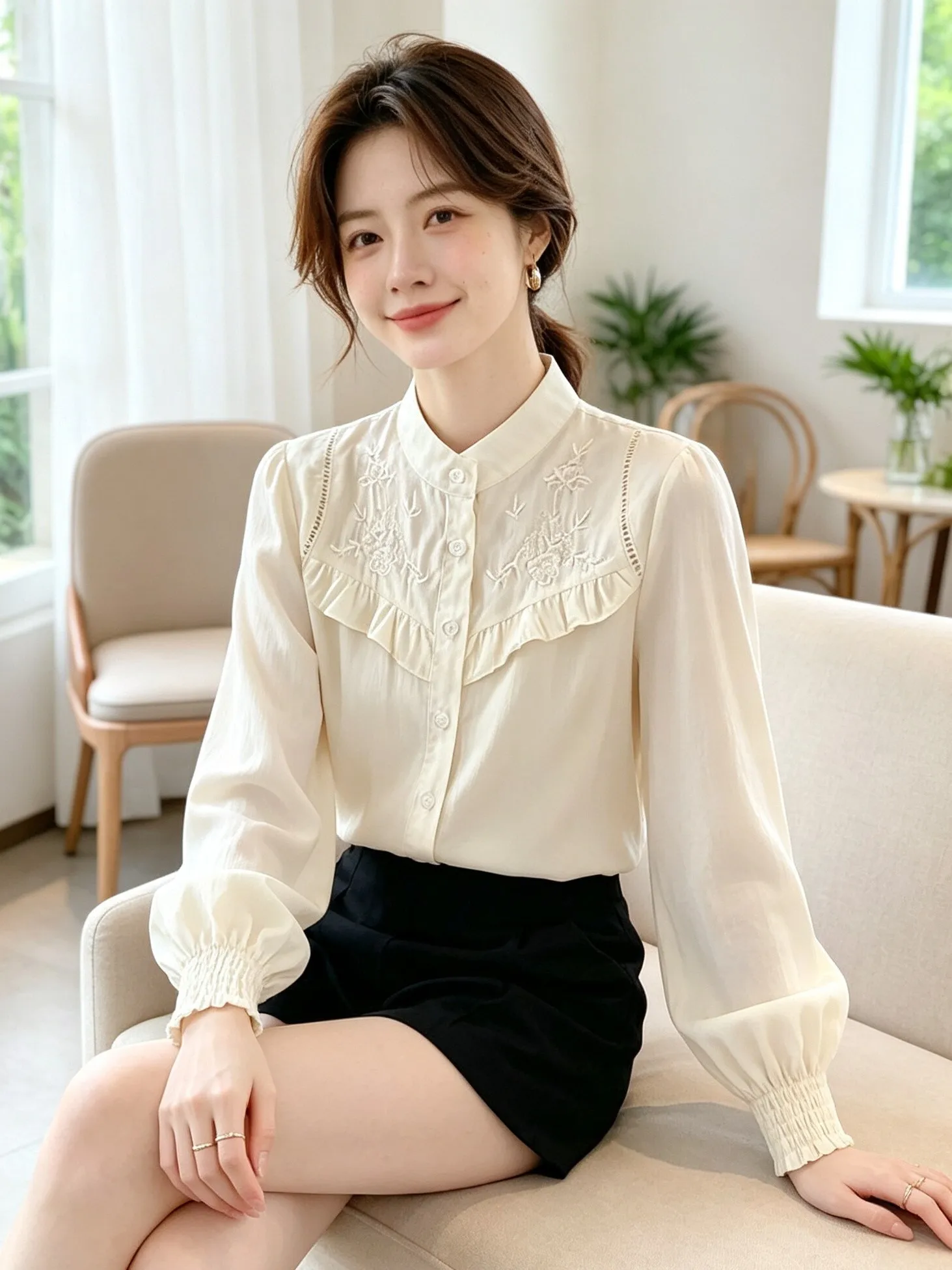 Elegant Embroidered Stand Collar Long Sleeve Women's Chiffon Shirt Fashionable Autumn Wear Beautiful And Stylish Top