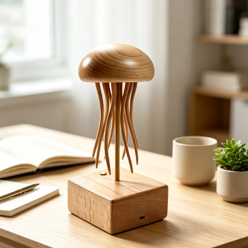 1PCS Handcrafted Wooden Jellyfish Automaton | Machinery Jellyfish Automata Sculpture with Moving Tentacles, Creative Desktop