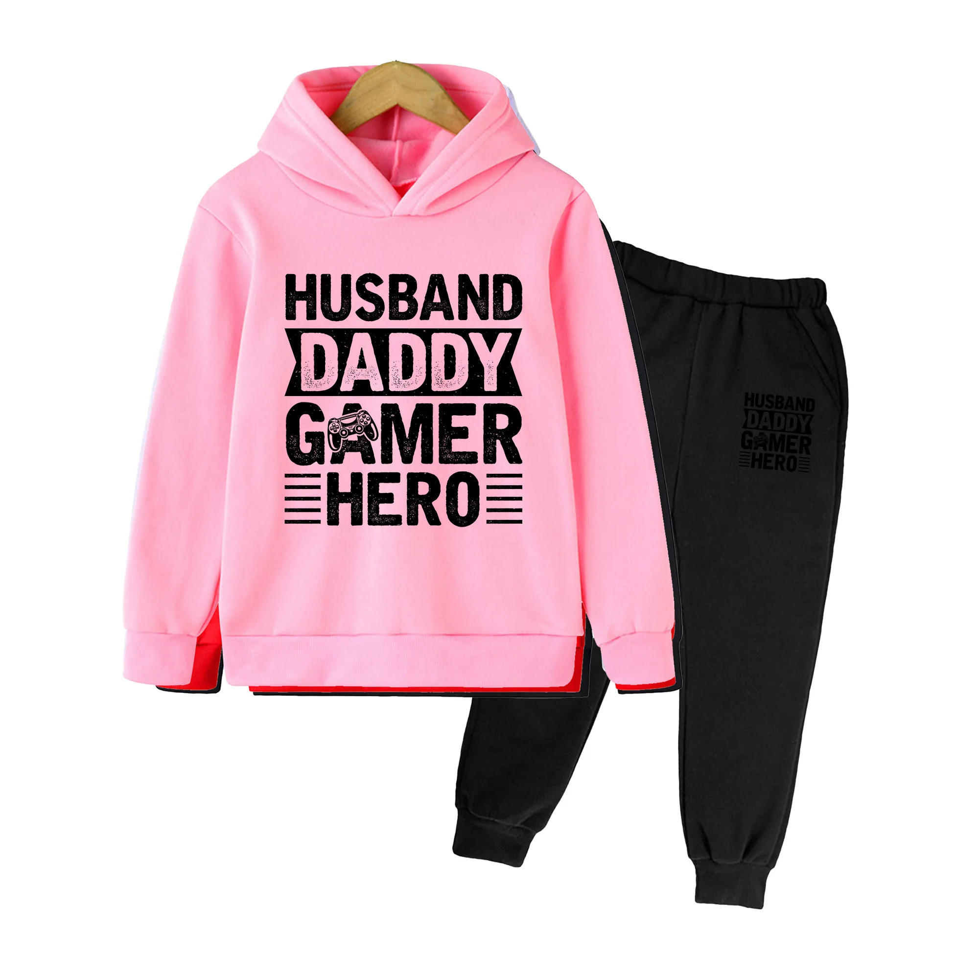 Husband Daddy Gamer Hero Print Hoodie & Pants Set, Kids Boys Girls Casual Loungewear Outfit