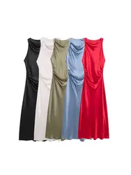 Women's Fitted Satin Midi Dress, Side with Gathered, O Neck, Sleeveless, Female Dresses, Chic Fashion