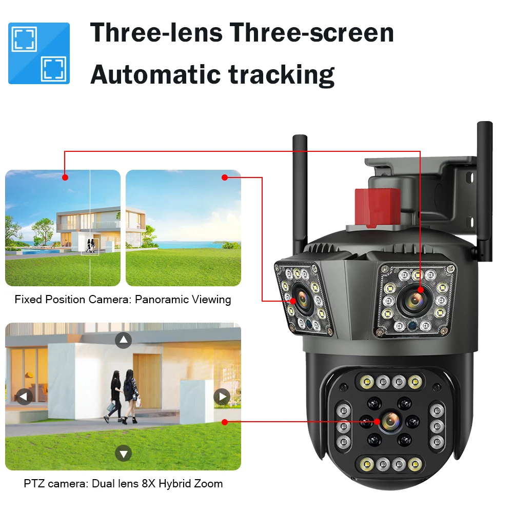 WiFi 6K 12MP kamera IP trzy ekrany 8X Zoom ochronny zabezpieczający detekcja ludzkiego ruchu na zewnątrz CCTV IP Survalance