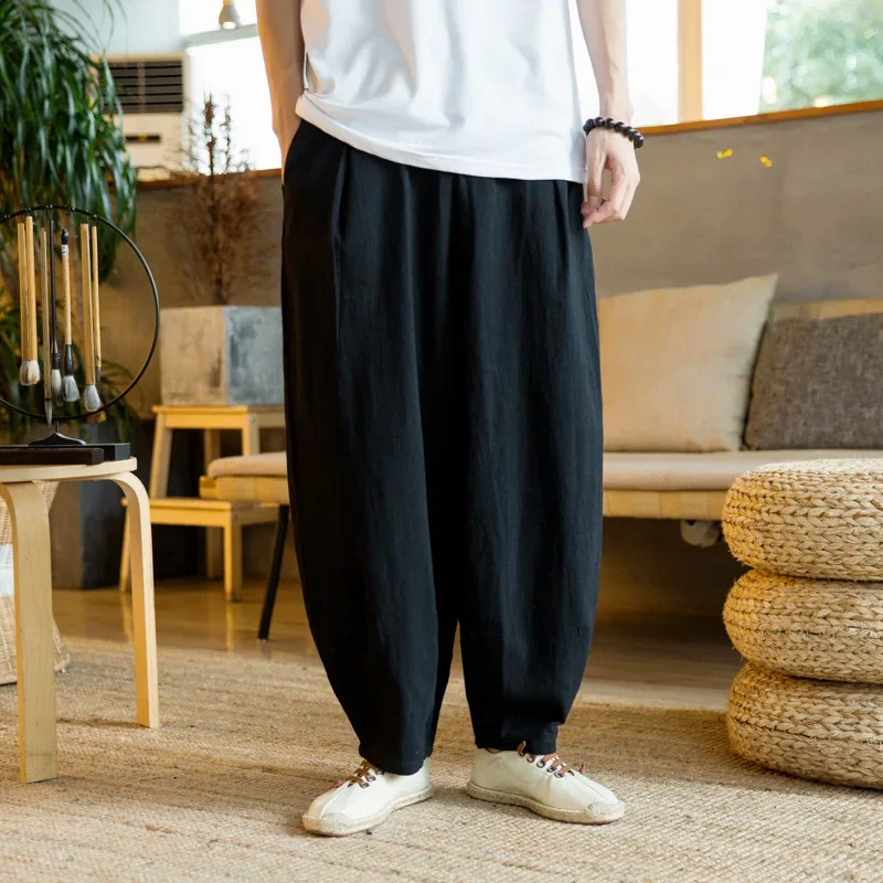 Prowow  Summer Korean Flax Casual Pant Men Elastic Waist Full-length Harem Pant Men Sweatpants Male Bloomers Streetwear